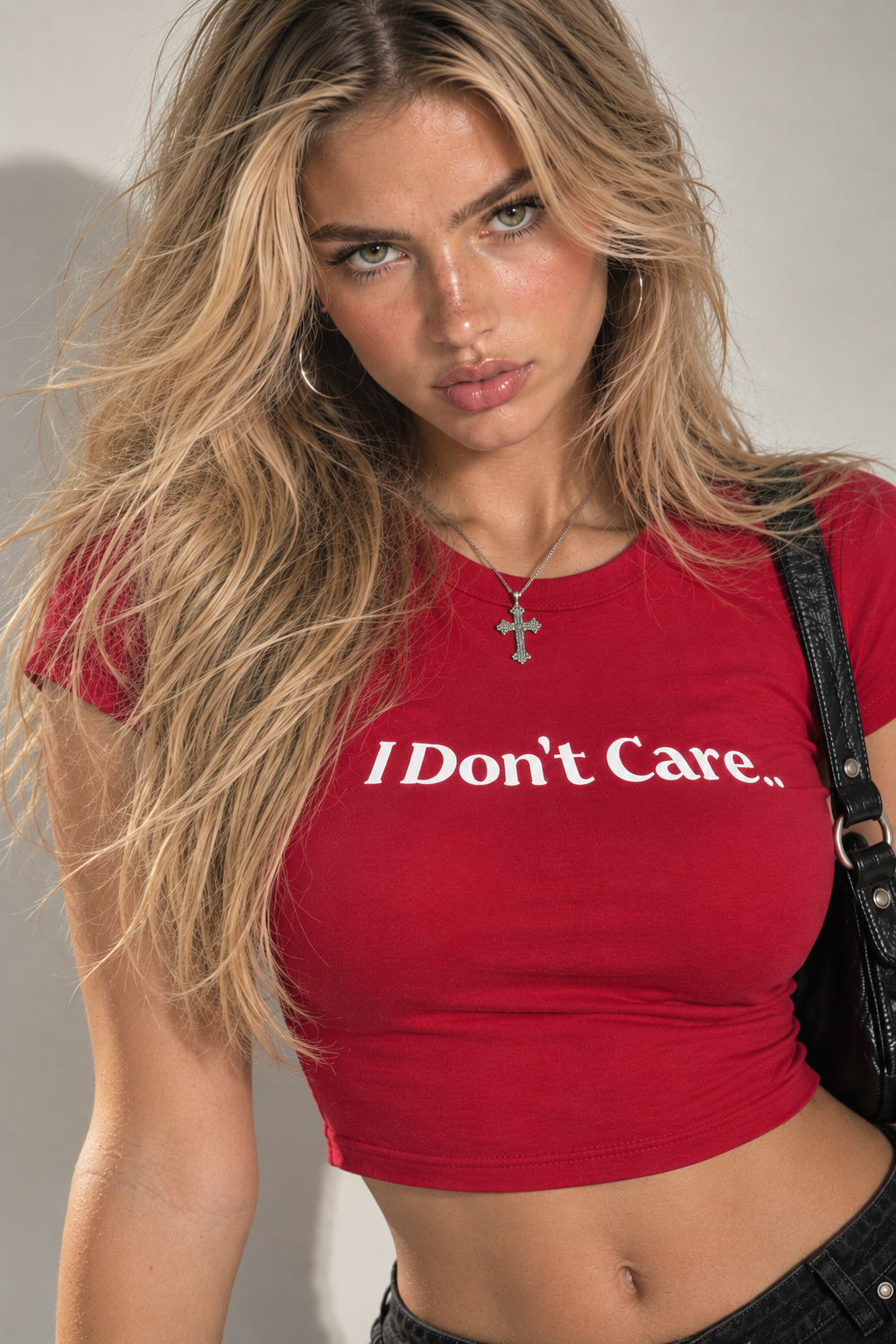 Red “I Don’t Care” Graphic Baby Tee | Fitted Crop Top