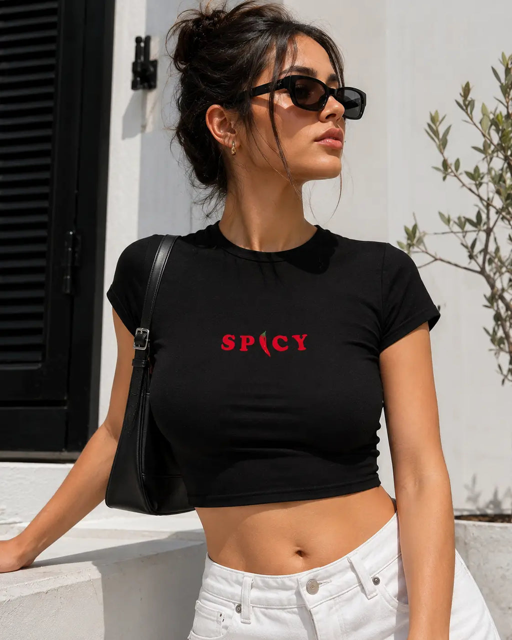Spicy Graphic Baby Tee for Women – Black & White Fitted Crop Top