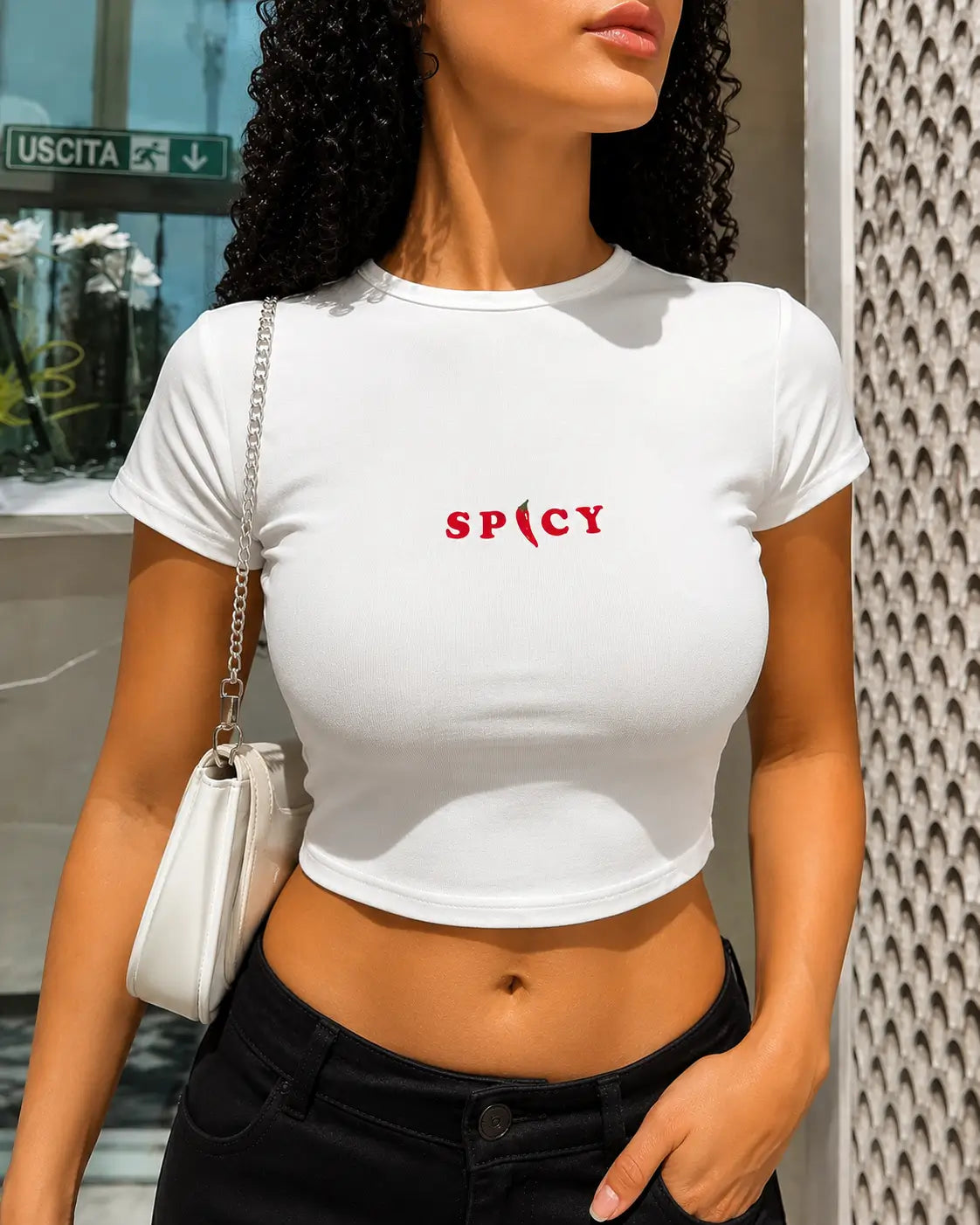 Spicy Graphic Baby Tee for Women – Black & White Fitted Crop Top