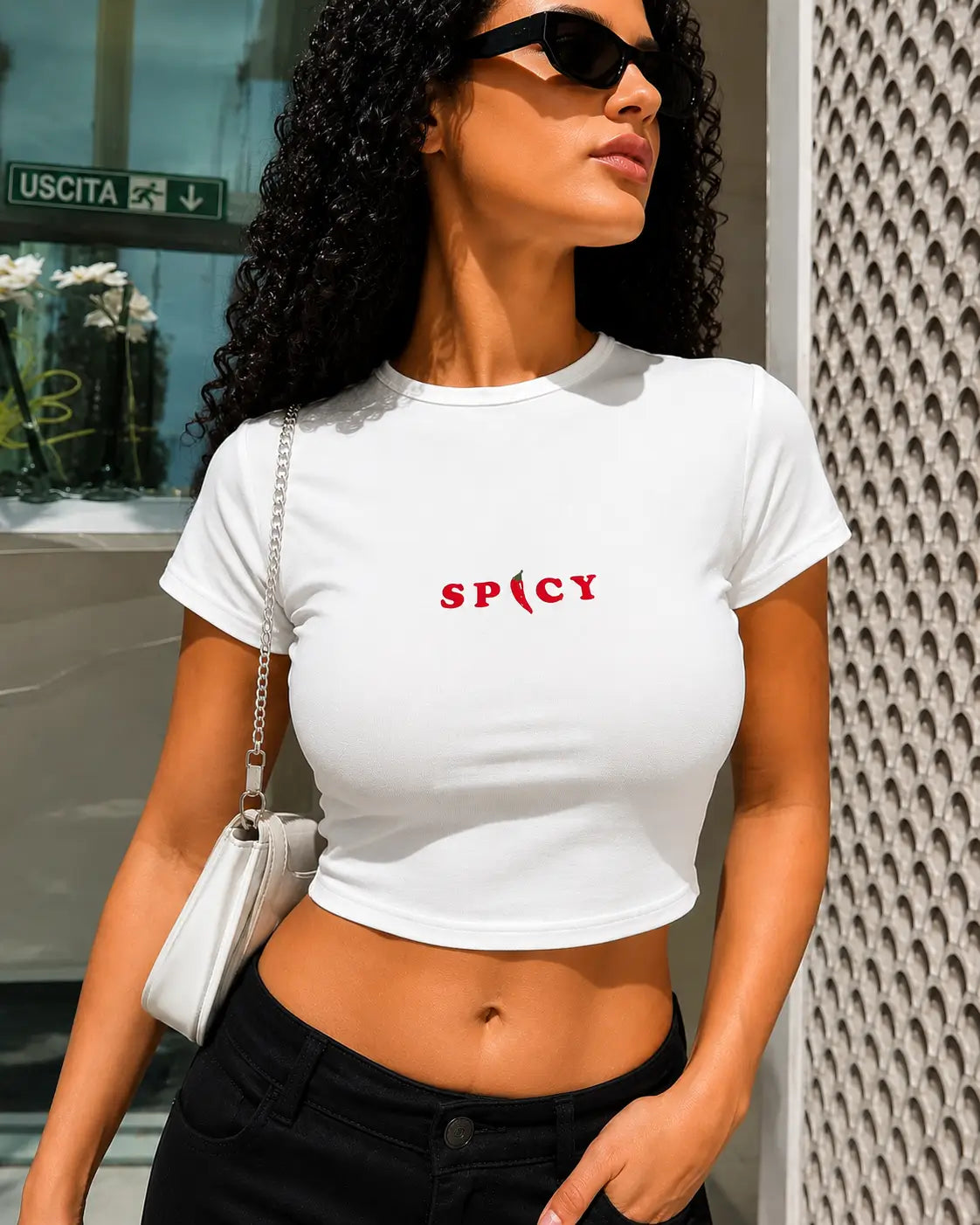 Spicy Graphic Baby Tee for Women – Black & White Fitted Crop Top