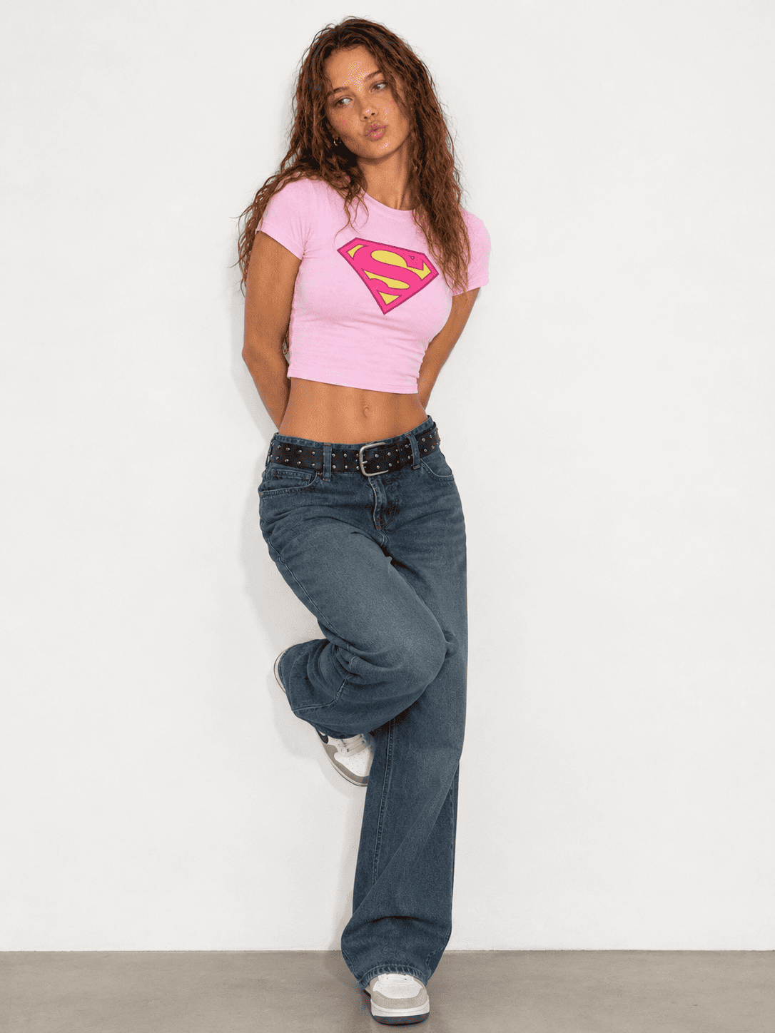 Pink Superwoman Baby Tee | Y2K Graphic Fitted Crop Top