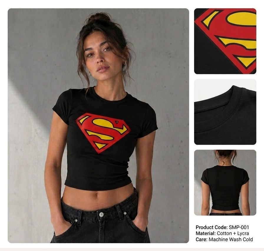 Superhero Logo Black Baby Tee for Women | Slim Fit Graphic Crop Top | physical by 303™ (formerly 303)