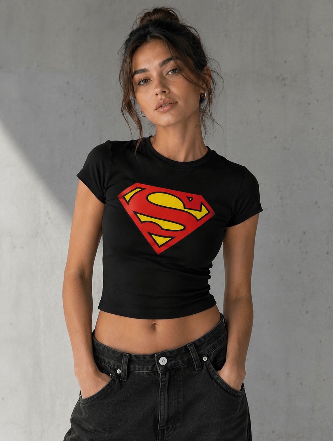 Superhero Logo Black Baby Tee for Women | Slim Fit Graphic Crop Top | physical by 303™ (formerly 303)