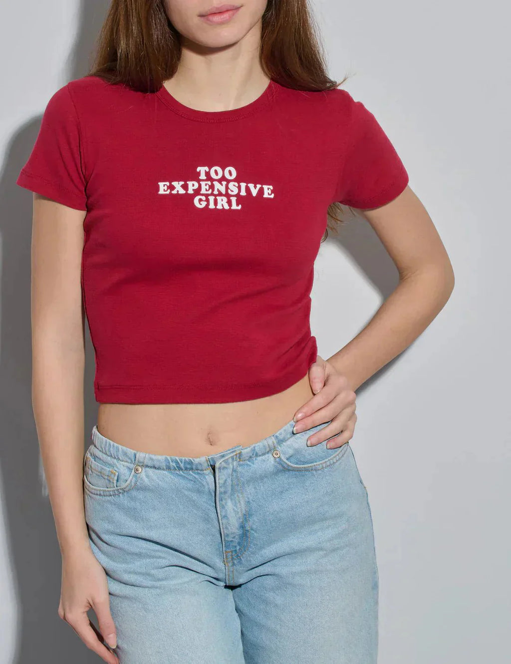 Too Expensive Girl Baby Tee – Red Fitted Crop Top for Women | physical by 303™ (formerly 303)