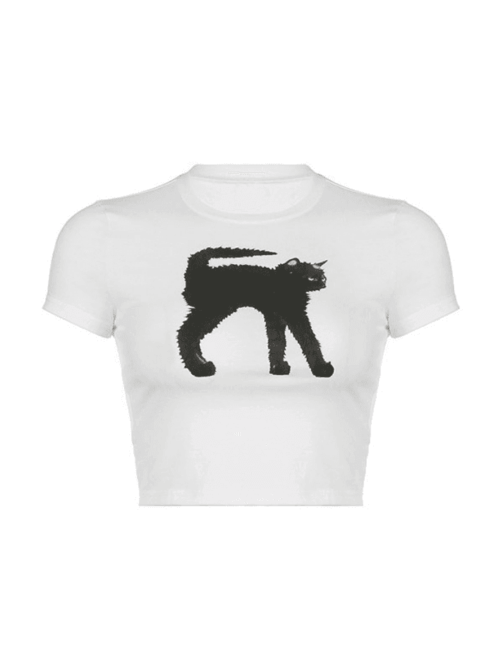 Trendy Black Cat Baby Tee White Crop Top for Gen Z Girls | physical by 303™ (formerly 303)
