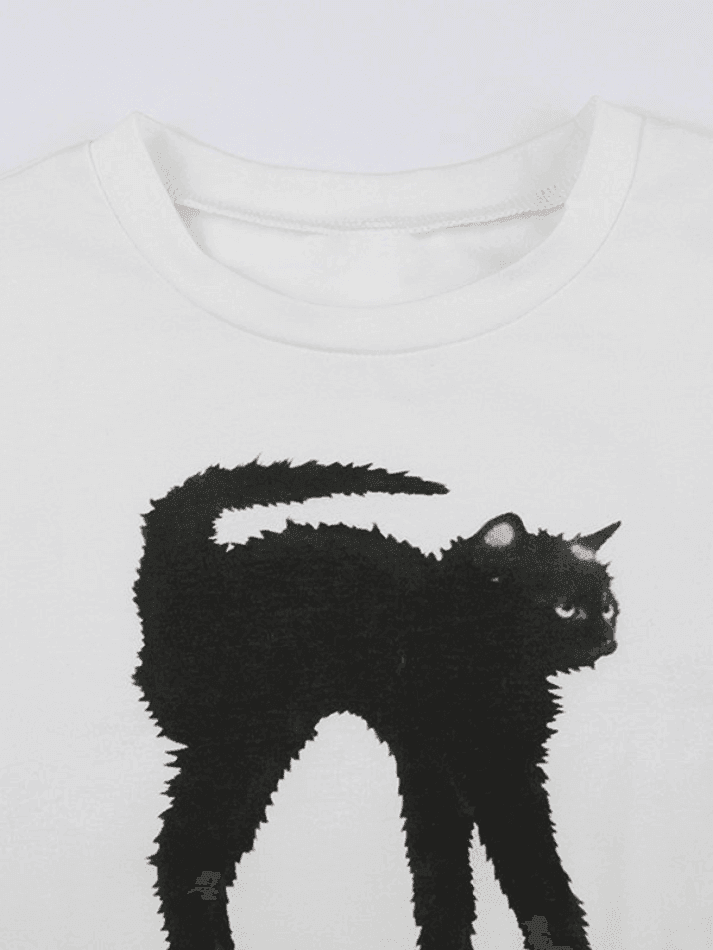 Trendy Black Cat Baby Tee White Crop Top for Gen Z Girls | physical by 303™ (formerly 303)