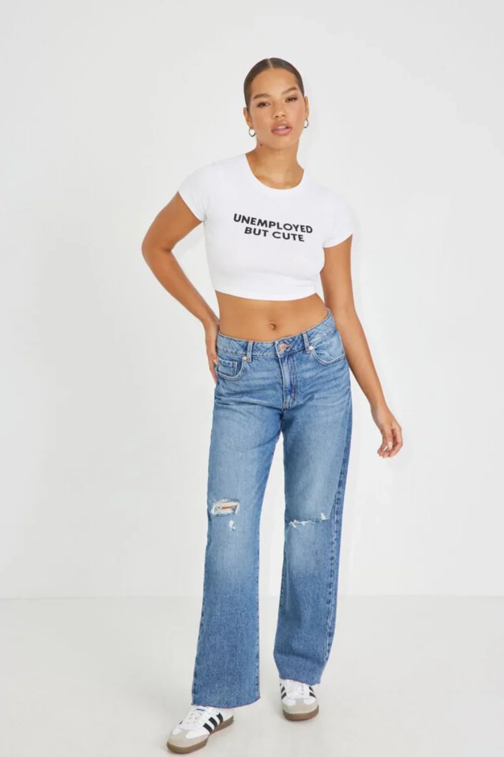 Trendy “Unemployed But Cute” Baby Crop Top – Color White | physical by 303™ (formerly 303)