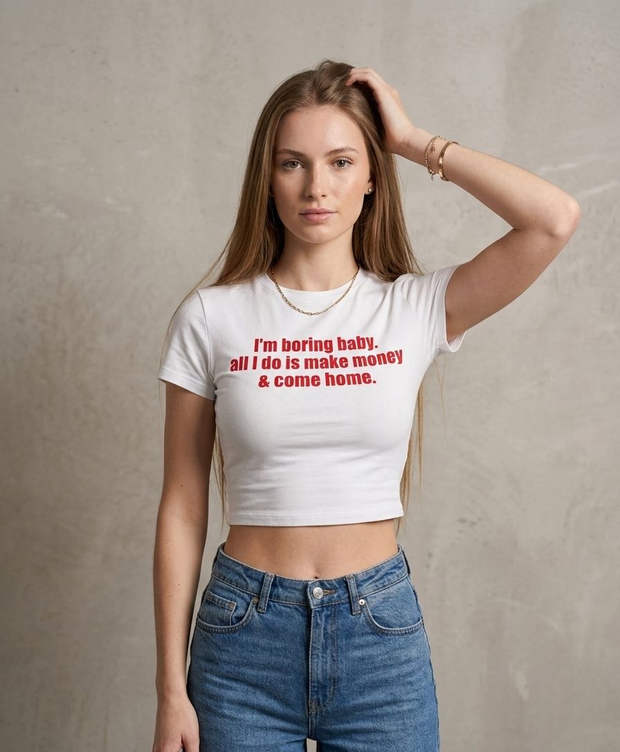 White “I’m Boring Baby” Graphic Baby Tee for Women – Fitted Cotton Crop T-Shirt | physical by 303™ (formerly 303)