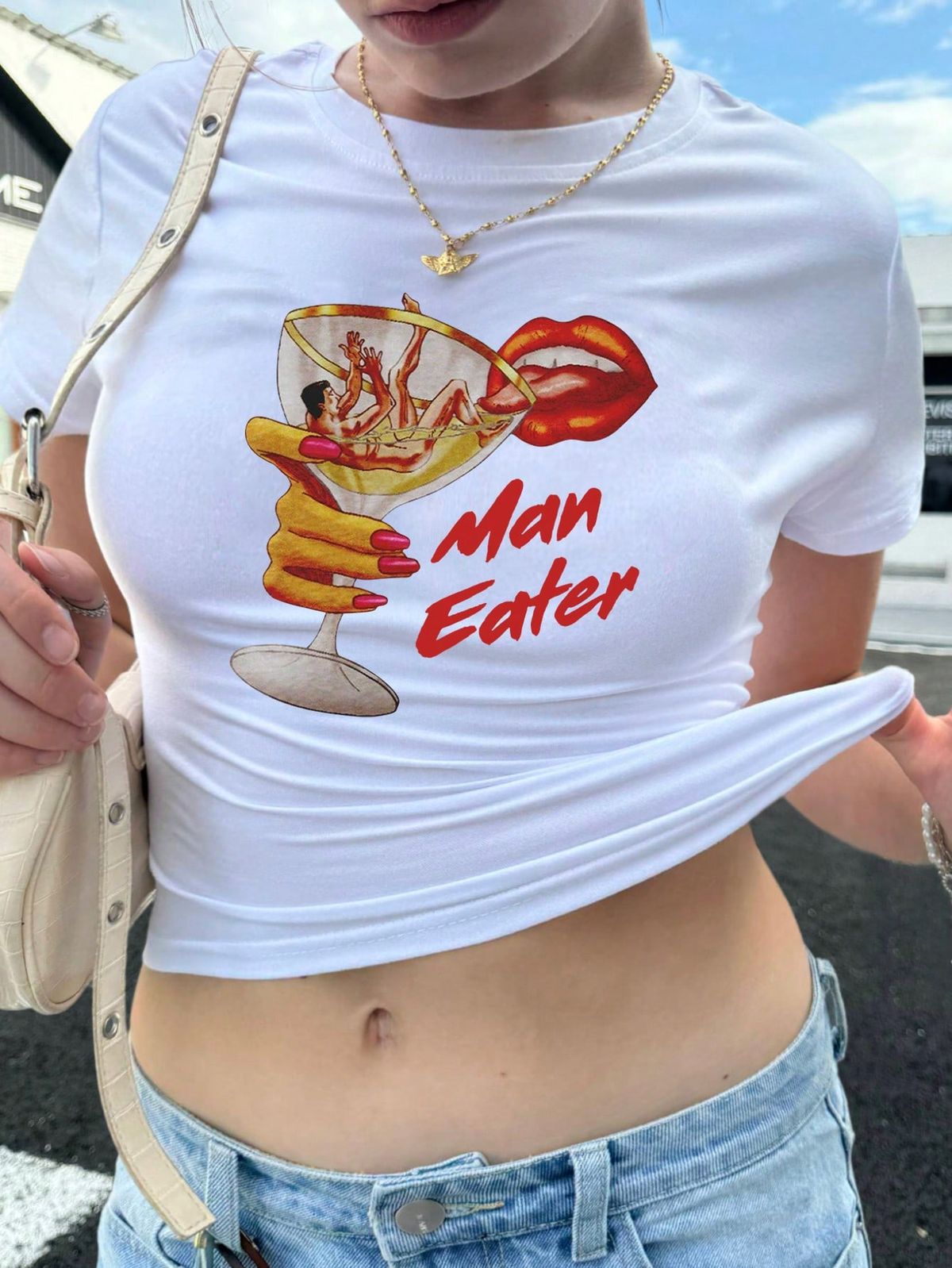 Women’s “Man Eater” Graphic Baby Tee – Y2K Aesthetic Fitted White Crop Top | physical by 303™ (formerly 303)