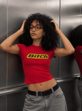 Bitch Graphic Baby Tee – Red Fitted Cotton Lycra Crop Top | Aesthetic Y2K baby tee