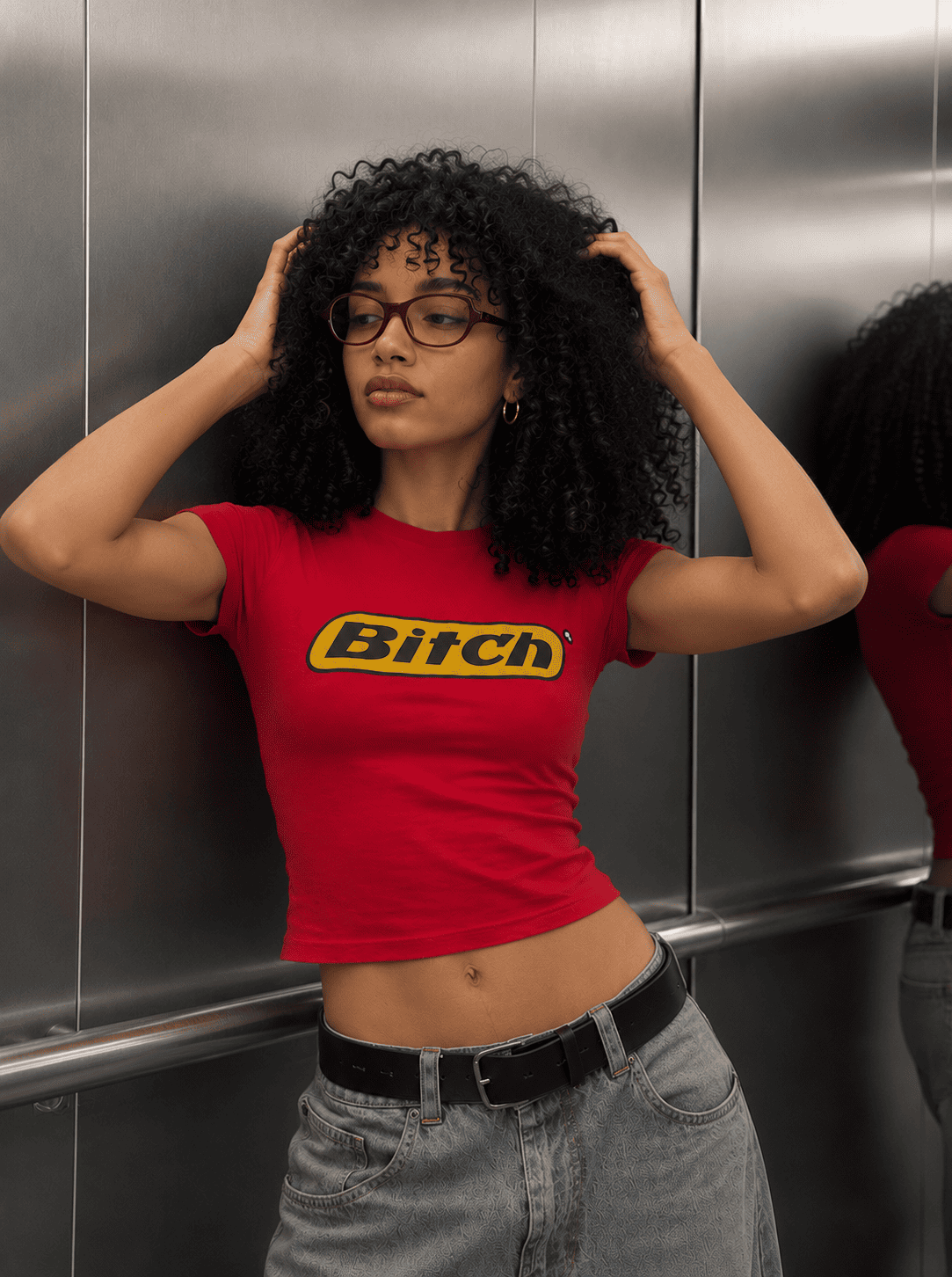 Bitch Graphic Baby Tee – Red Fitted Cotton Lycra Crop Top | Aesthetic Y2K baby tee