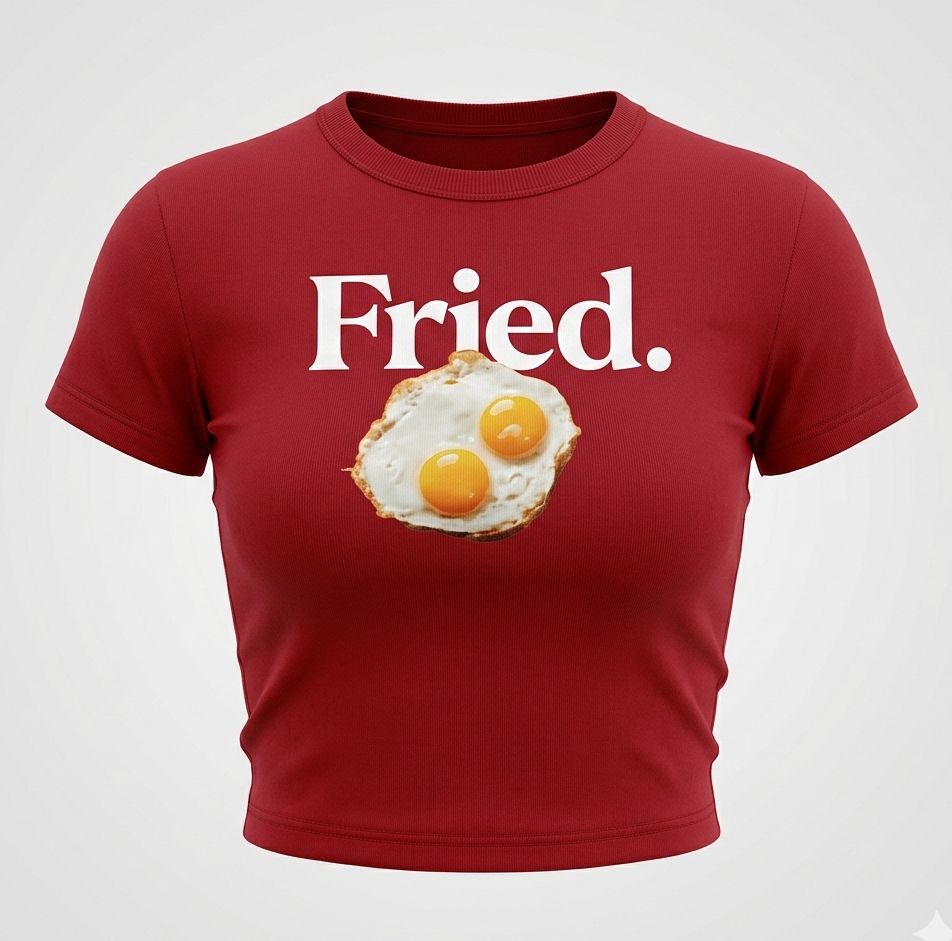 Women’s Red “Fried.” Baby Tee – Slim Fit Ribbed Crop Top with Egg Graphic | physical by 303™ (formerly 303)
