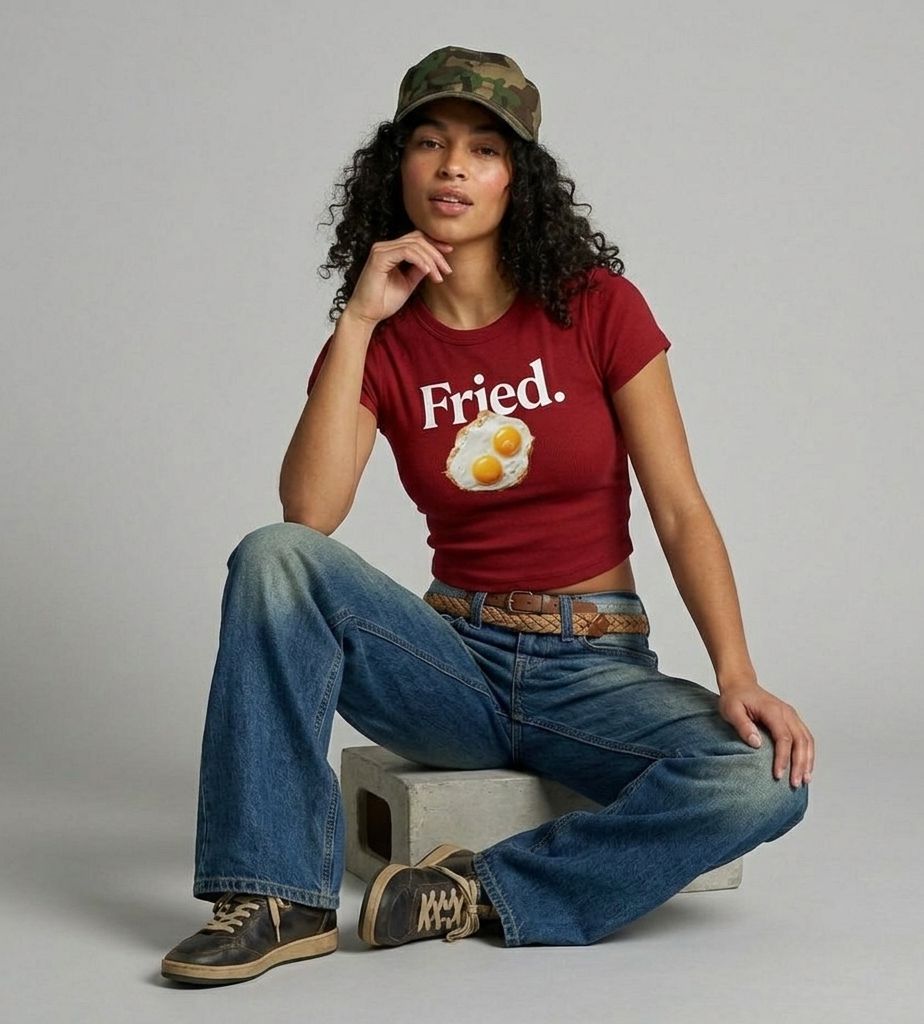 Women’s Red “Fried.” Baby Tee – Slim Fit Ribbed Crop Top with Egg Graphic | physical by 303™ (formerly 303)