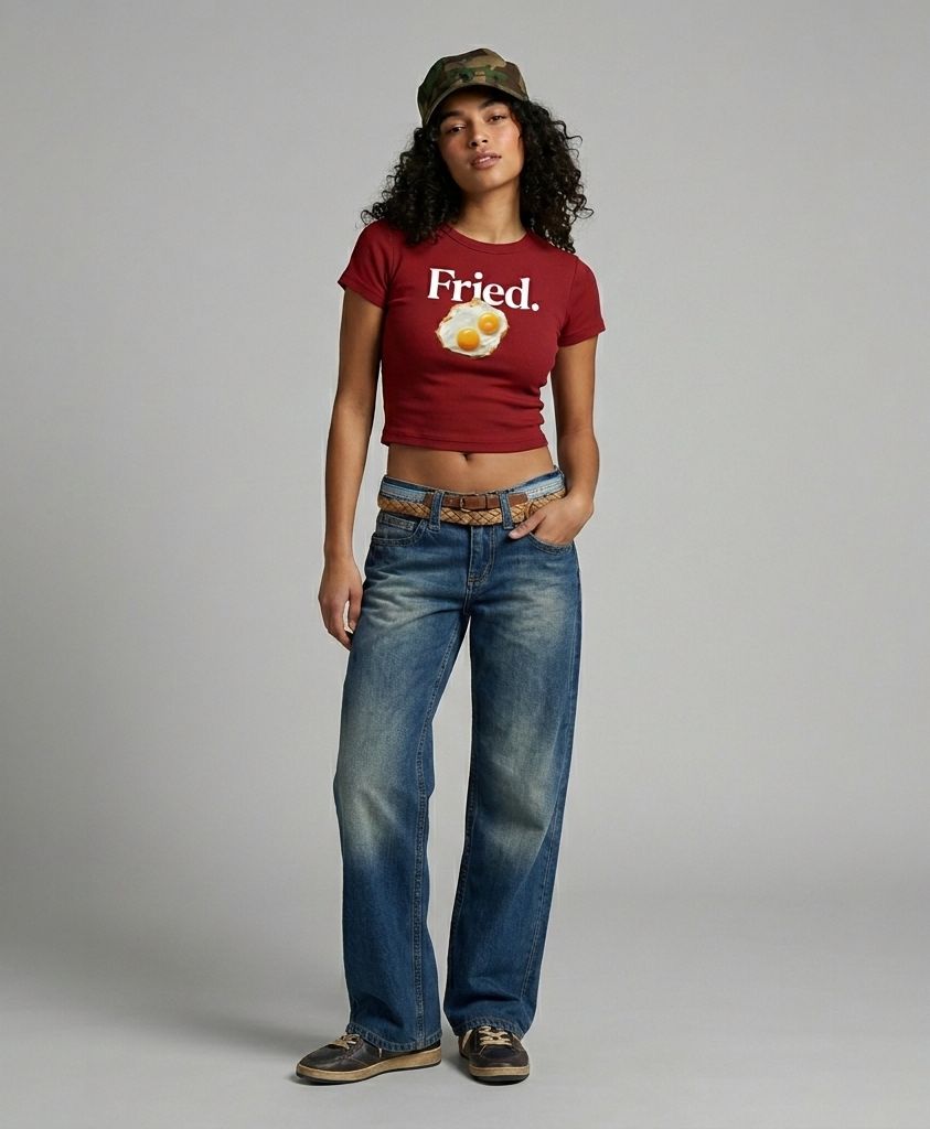 Women’s Red “Fried.” Baby Tee – Slim Fit Ribbed Crop Top with Egg Graphic | physical by 303™ (formerly 303)