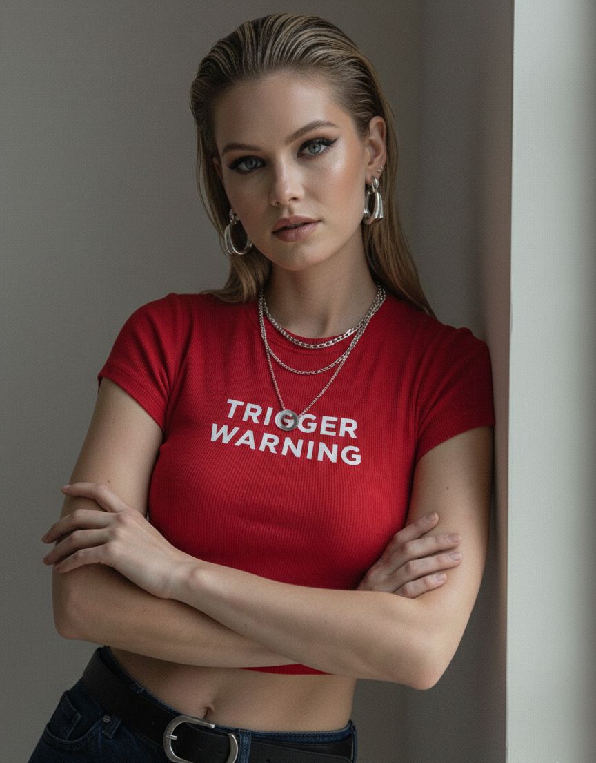 Women’s Red “Trigger Warning” Baby Tee – Slim Fit Ribbed Crop Top | physical by 303™ (formerly 303)