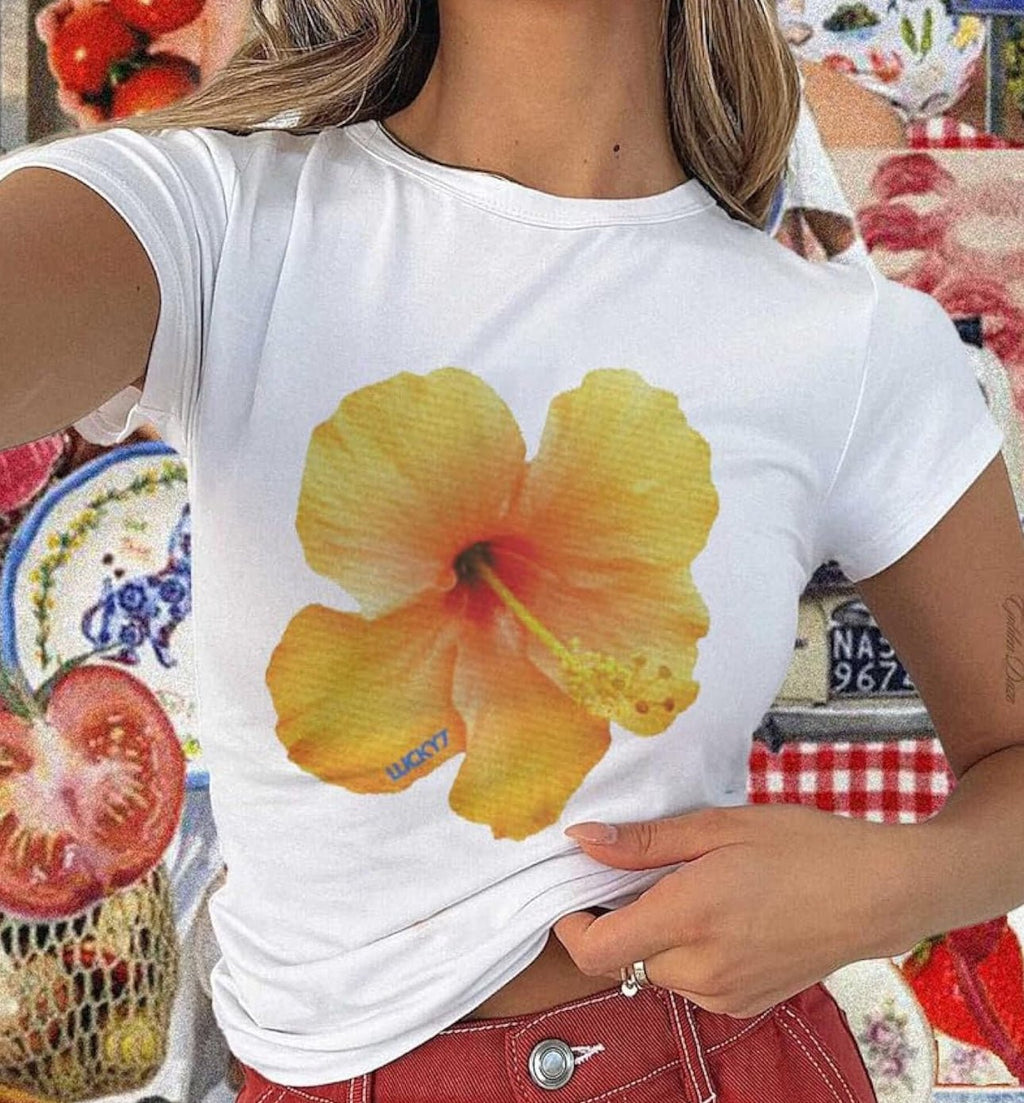 Yellow Hibiscus Graphic Baby Tee – Trendy Floral Crop Top Color white | physical by 303™ (formerly 303)