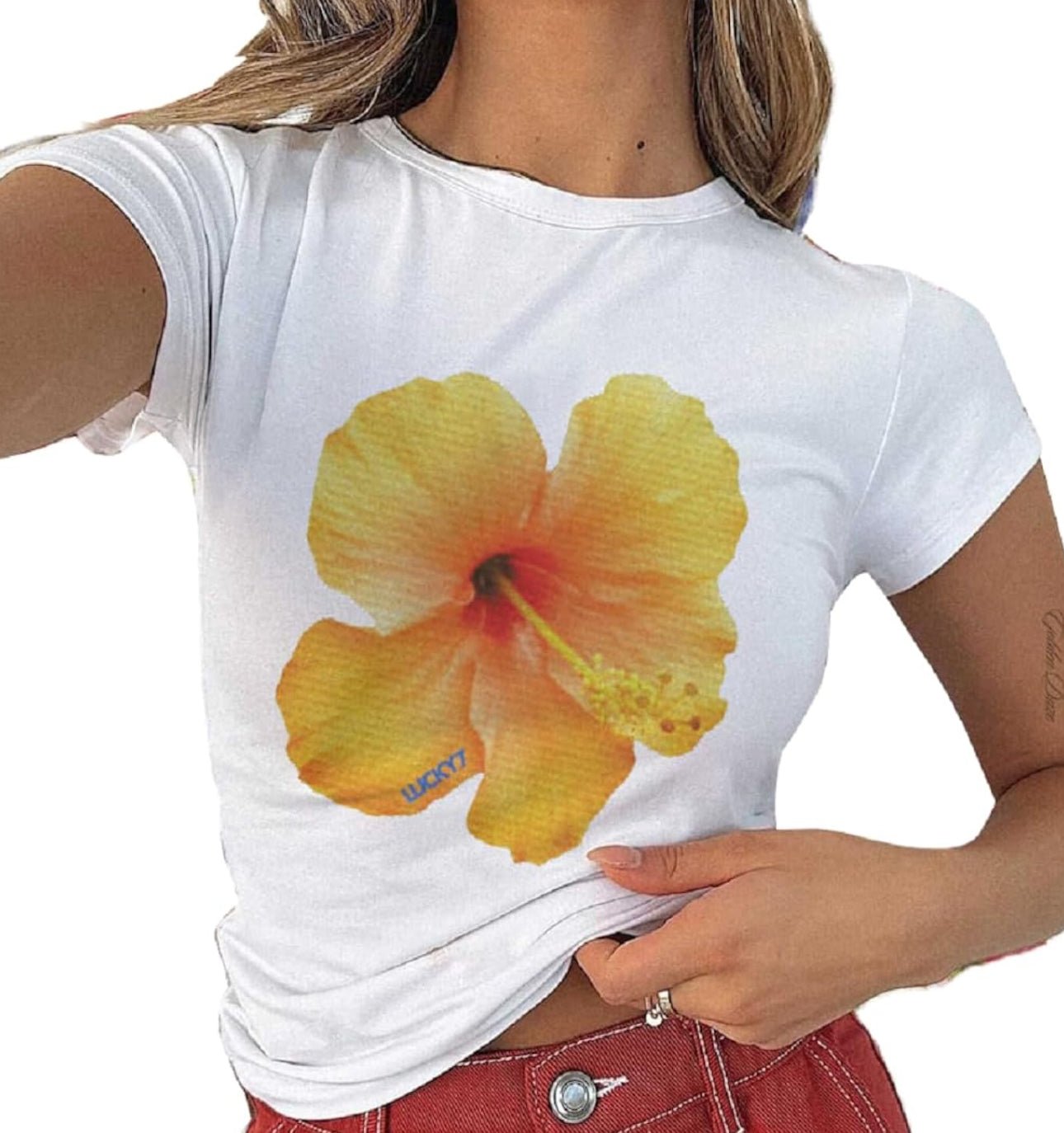 Yellow Hibiscus Graphic Baby Tee – Trendy Floral Crop Top Color white | physical by 303™ (formerly 303)